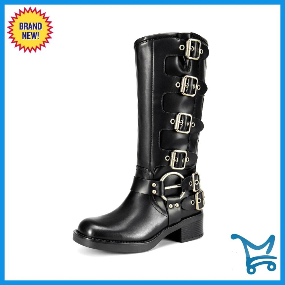 Knee High Motorcycle Boots Square Toe Chunky Heel Buckle Straps Side Zipper